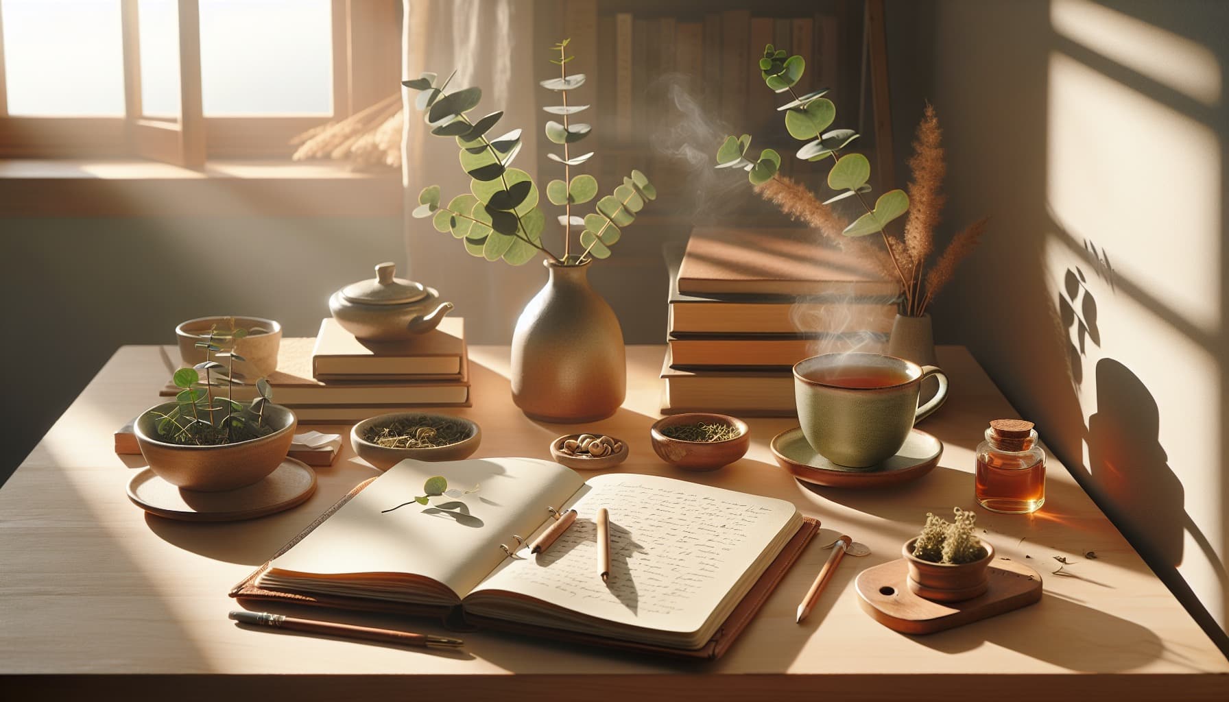 Health and wellness journal with herbal tea