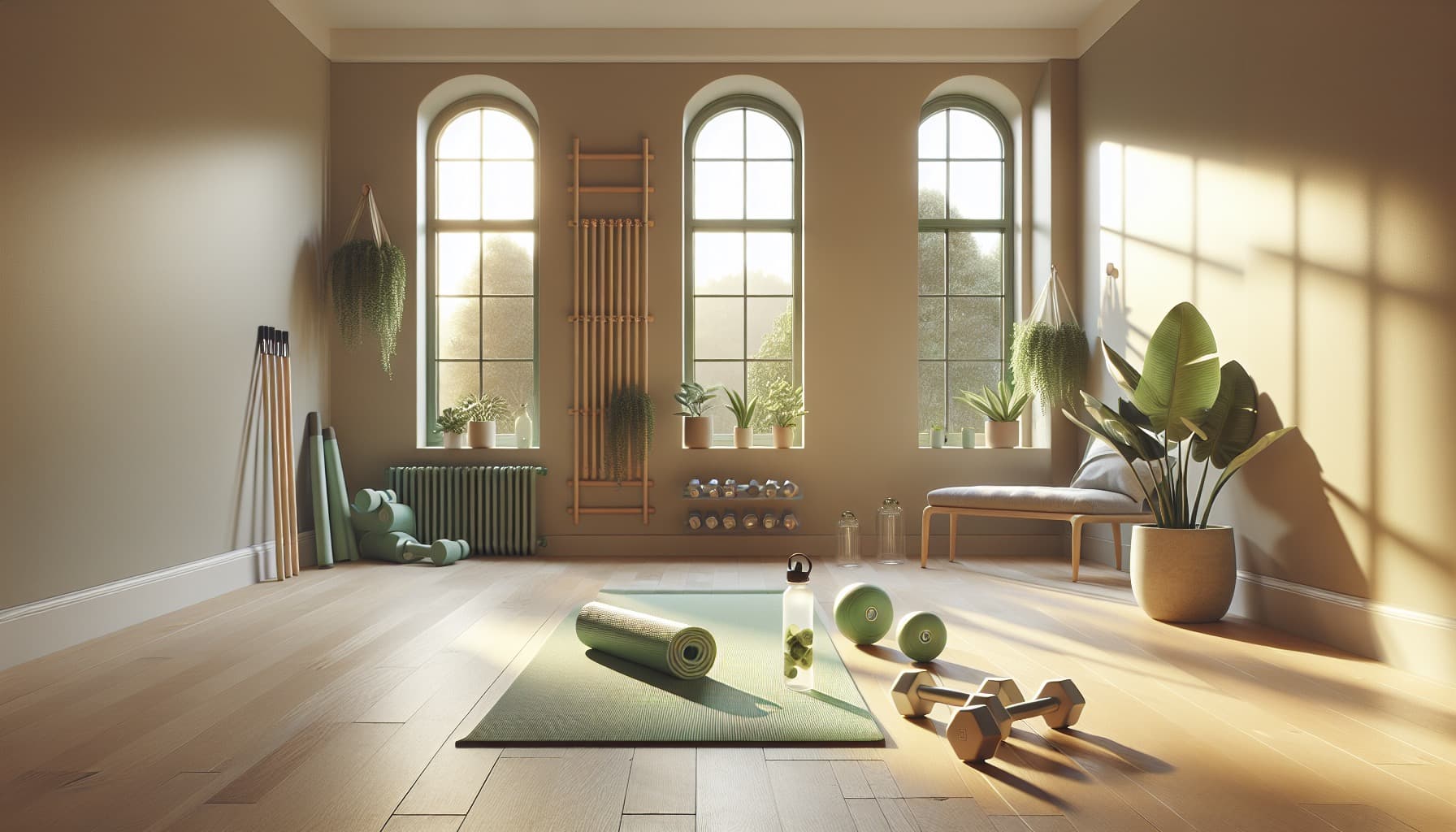 Serene home fitness space with yoga mat and equipment