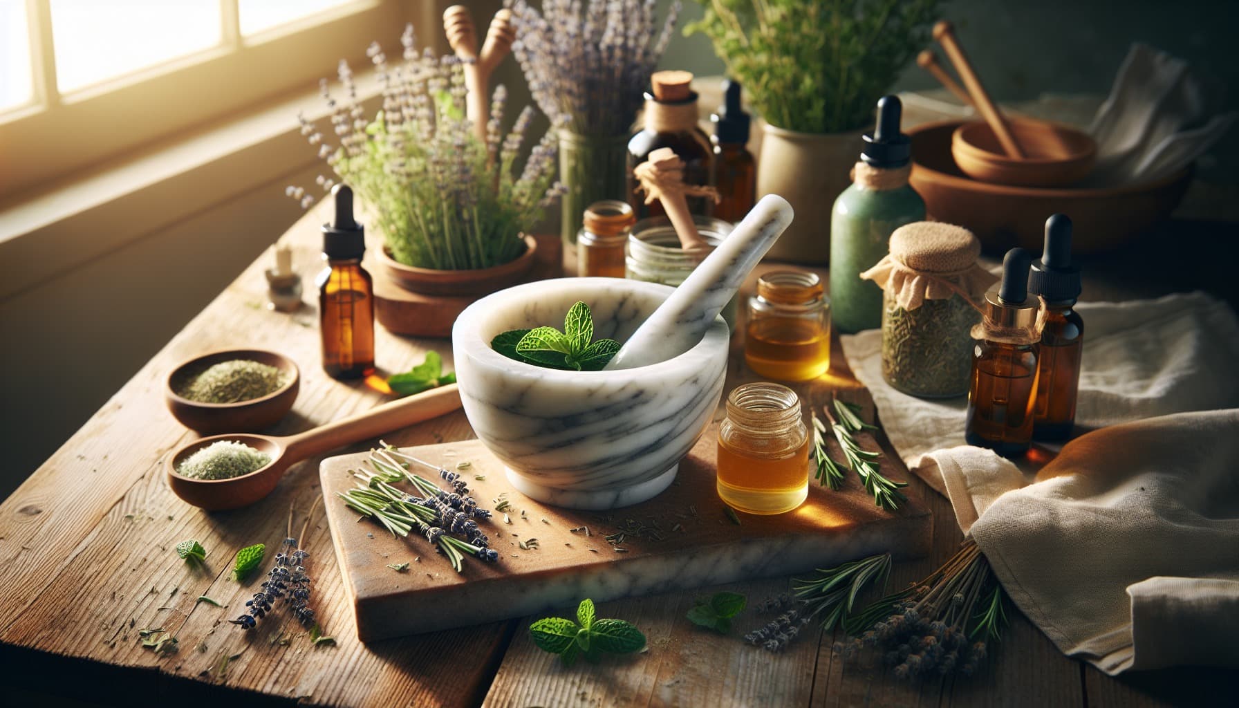 Natural remedies with mortar and pestle and herbs